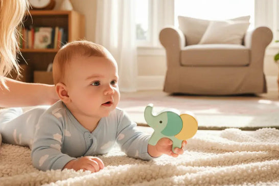 Baby liegt auf einer weichen Decke im hellen Wohnzimmer und entdeckt neugierig ein altersgerechtes Holzspielzeug