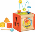 Activity- und Motorikwürfel aus Holz mit Motorikschleife, Sortiersteinen und Zahnrad – buntes Lernspielzeug für Babys und Kleinkinder.