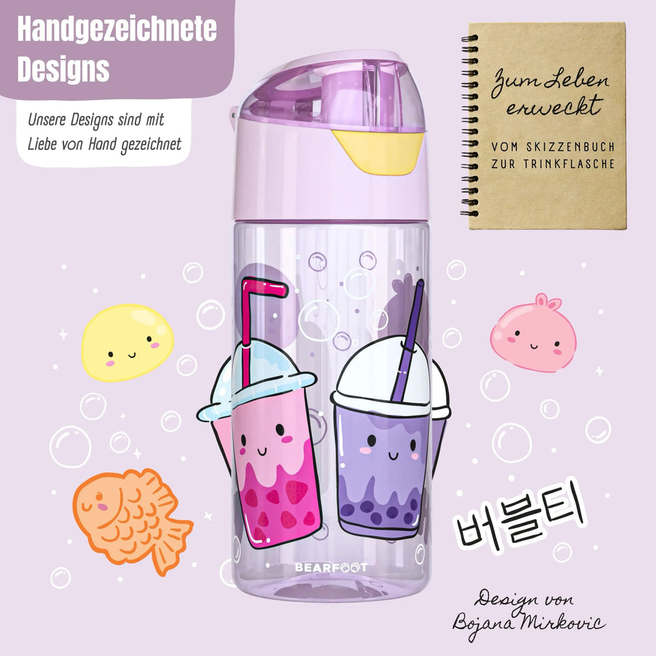 Kinder Trinkflasche BubbleTea 450 ml aus Tritan mit handgezeichnetem BubbleTea-Design, BPA-frei, auslaufsicher und ideal für Kindergarten, Schule, Sport und unterwegs.