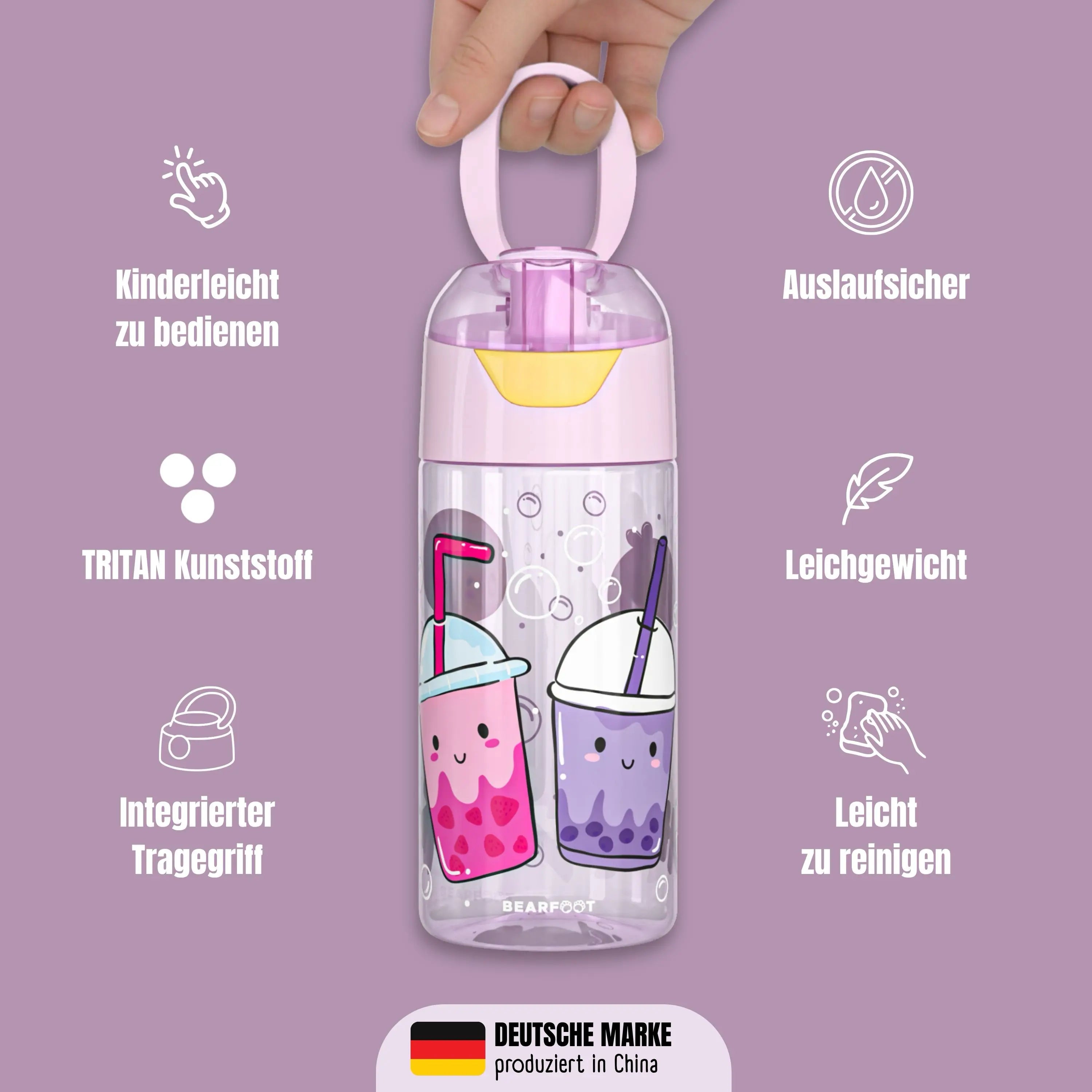 Kinder Trinkflasche BubbleTea 450 ml aus Tritan mit integriertem Tragegriff, auslaufsicherem Deckel, BPA-frei, leicht und ideal für Kindergarten, Schule, Sport und unterwegs.
