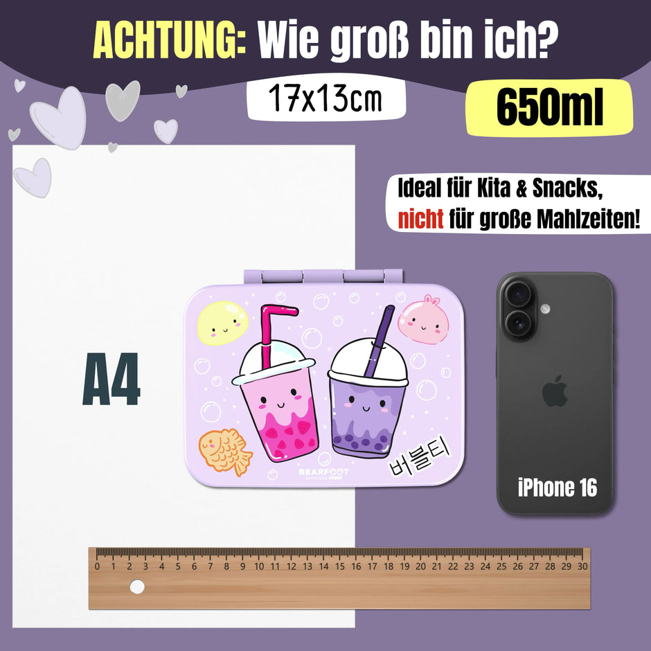 Lila Kinder Brotdose mit Bubble Tea Motiv, 650 ml Fassungsvermögen und Maßen 17 × 13 cm, kompakte BPA-freie Bento Lunchbox für Kindergarten und Schule