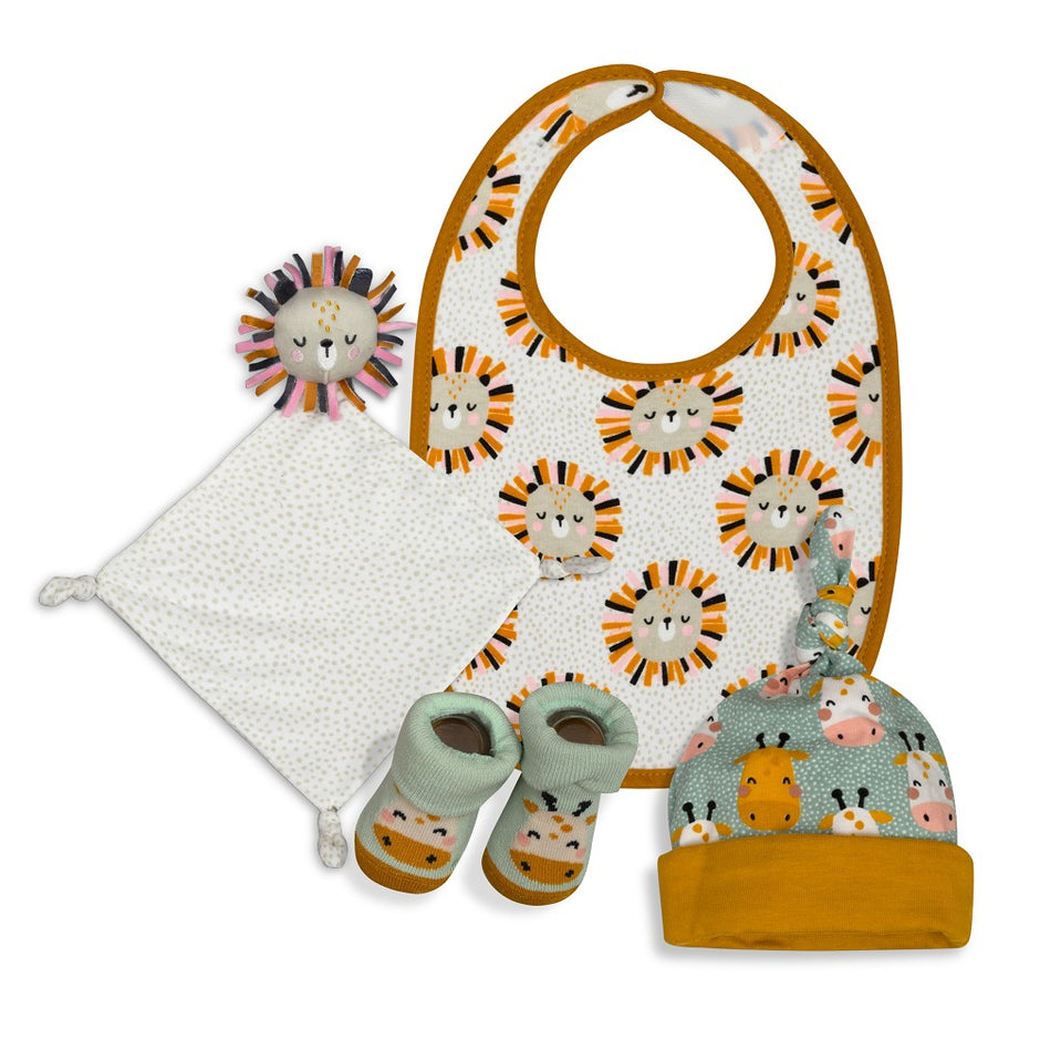 Baby Geschenkset Löwe – Lätzchen, Mütze, Schmusetuch und Söckchen im Tiermotiv für Neugeborene