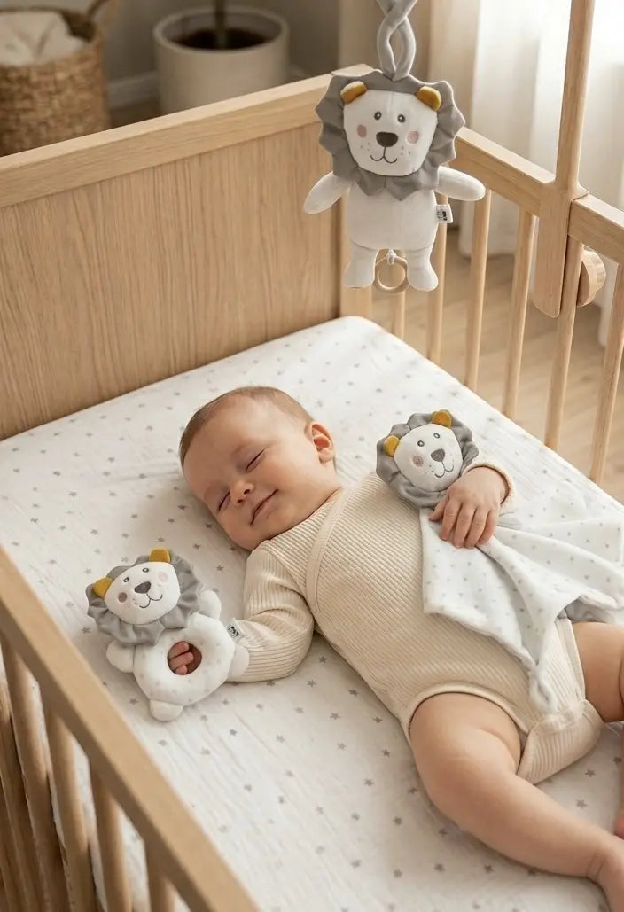 Baby Geschenkset Löwe 3er Set von Interbaby mit Musik-Spieluhr, Schmusetuch und Rassel im Einsatz bei einem schlafenden Baby – ideales Geschenk zur Geburt und Baby Erstausstattung