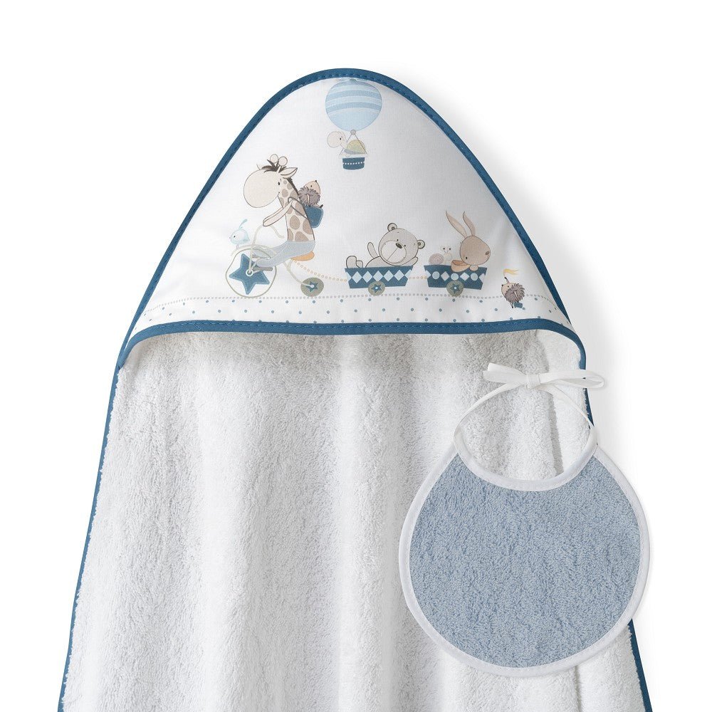Baby Badeumhang blau mit Kapuze und Lätzchen – weiches 1×1 m Badetuch für Neugeborene – BabyLions®