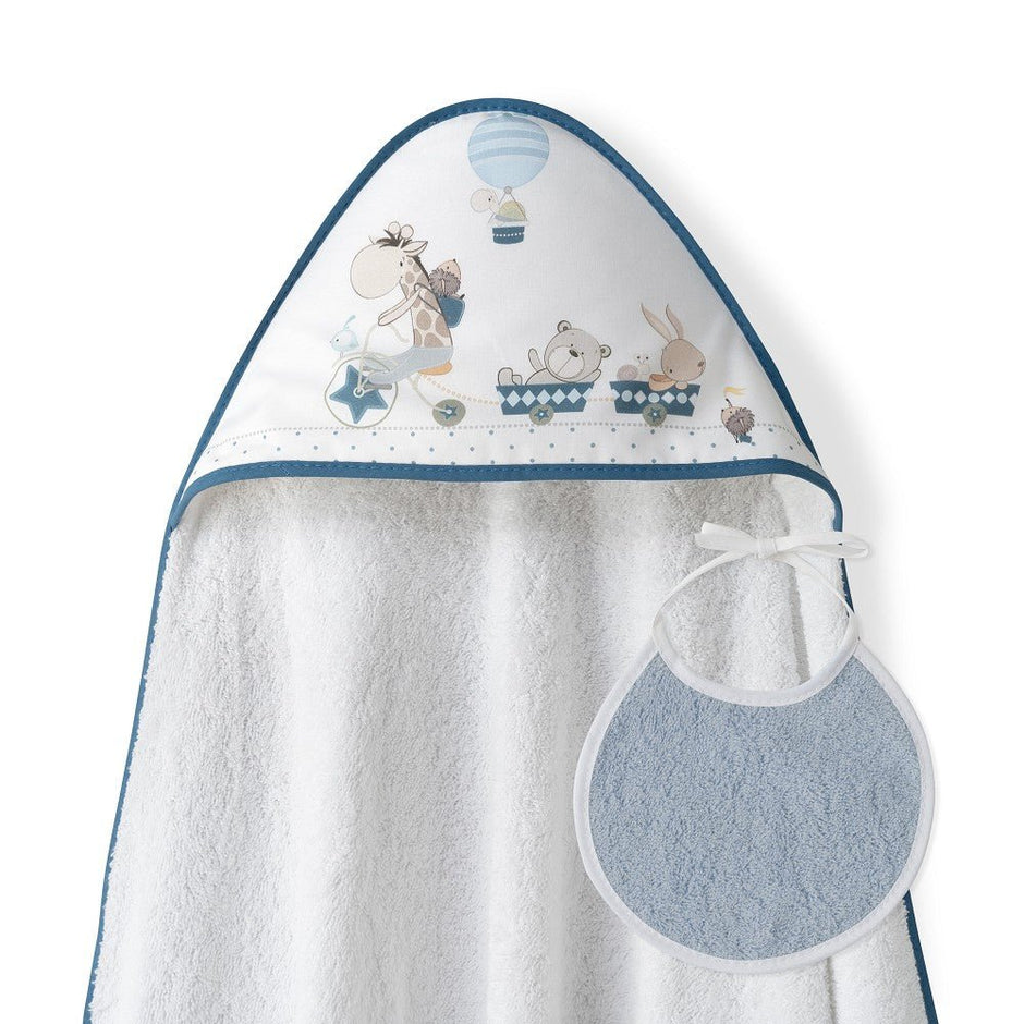 Baby Badeumhang blau mit Kapuze und Lätzchen – weiches 1×1 m Badetuch für Neugeborene – BabyLions®