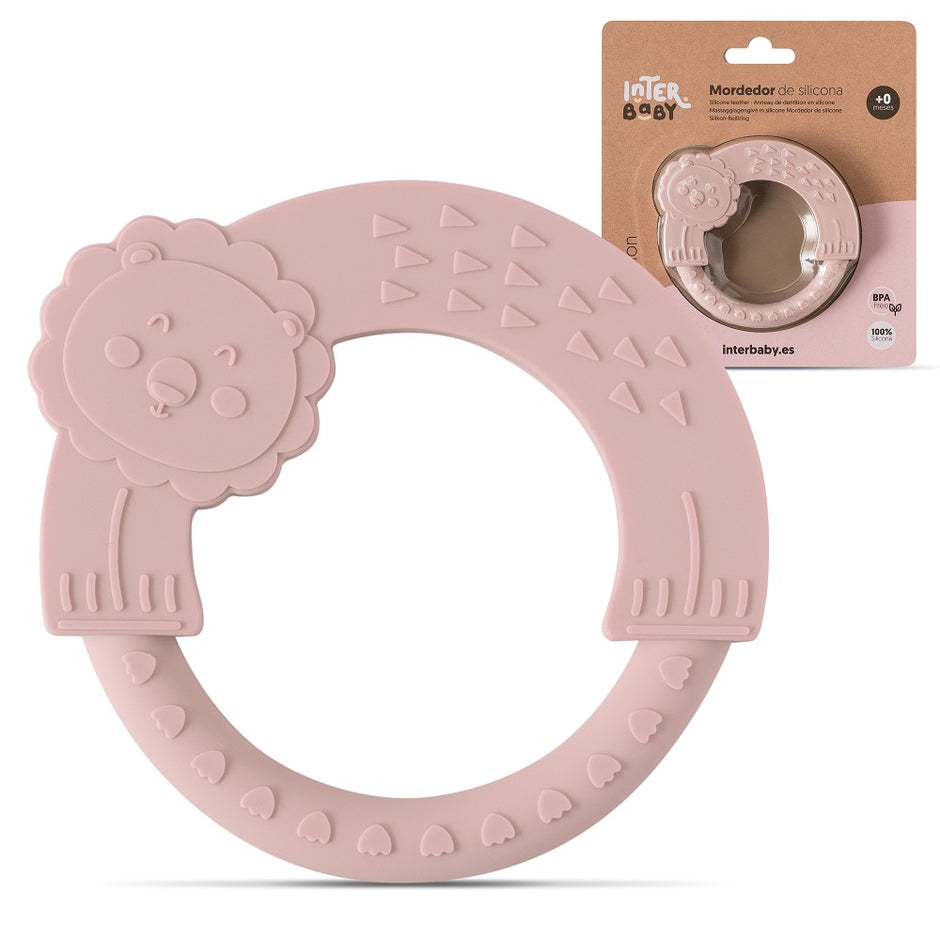 Rosa Beißring für Babys aus weichem Silikon in Löwenform – strukturierte Oberfläche zur Linderung beim Zahnen.