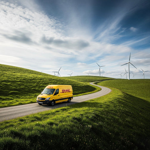 Gelber DHL-Lieferwagen fährt auf Landstraße durch grüne Landschaft mit Windrädern – Symbol für klimafreundlichen Versand bei BabyLions