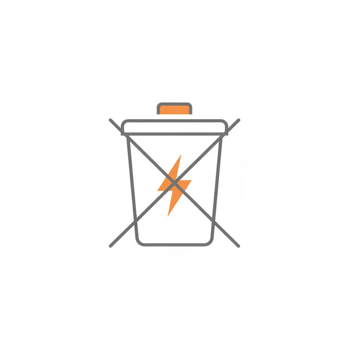 Minimalistische Illustration einer durchgestrichenen Mülltonne als Hinweis zur getrennten Entsorgung von Batterien und Elektrogeräten