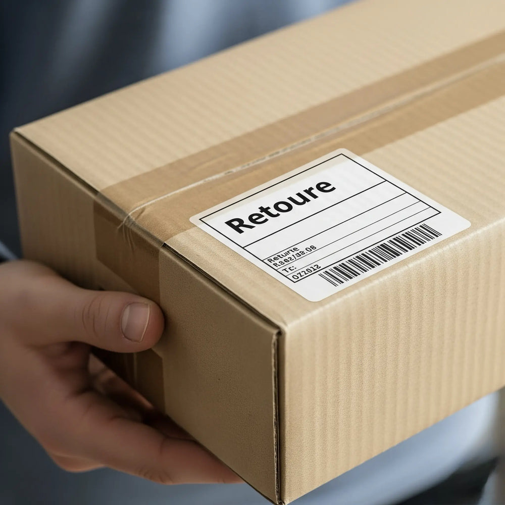 Hand hält Paket mit Retourenlabel – Symbol für faire Rücksende­regelung bei BabyLions