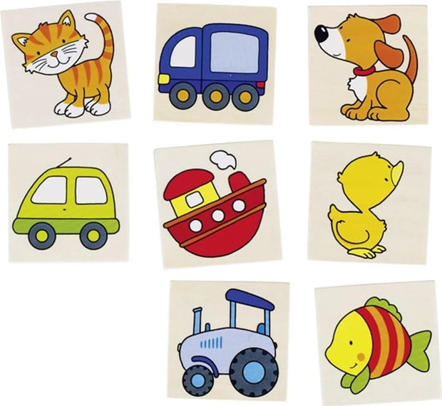 Holz Memo Karten für Kinder mit bunten Motiven wie Katze, Hund, Auto, Traktor und Boot