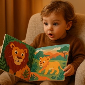 Kleinkind sitzt entspannt auf einem beigen Kindersessel und blickt erstaunt in ein geöffnetes Bilderbuch mit bunten Illustrationen von zwei Löwen – gemütliche Vorlesesituation, erhältlich bei BabyLions.