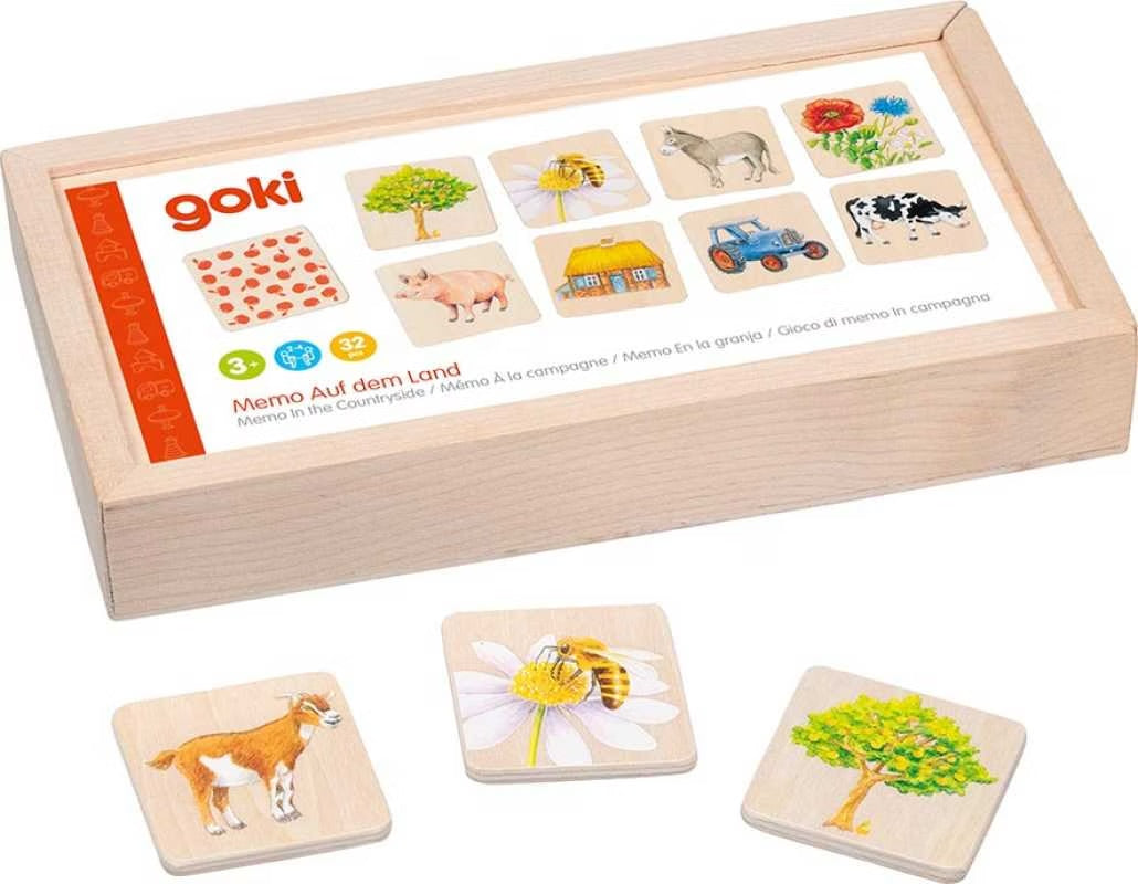 Holz Memo Spiel „Auf dem Land“ von goki mit Memory Karten in Holzbox – Lernspielzeug für Kinder ab 3 Jahren