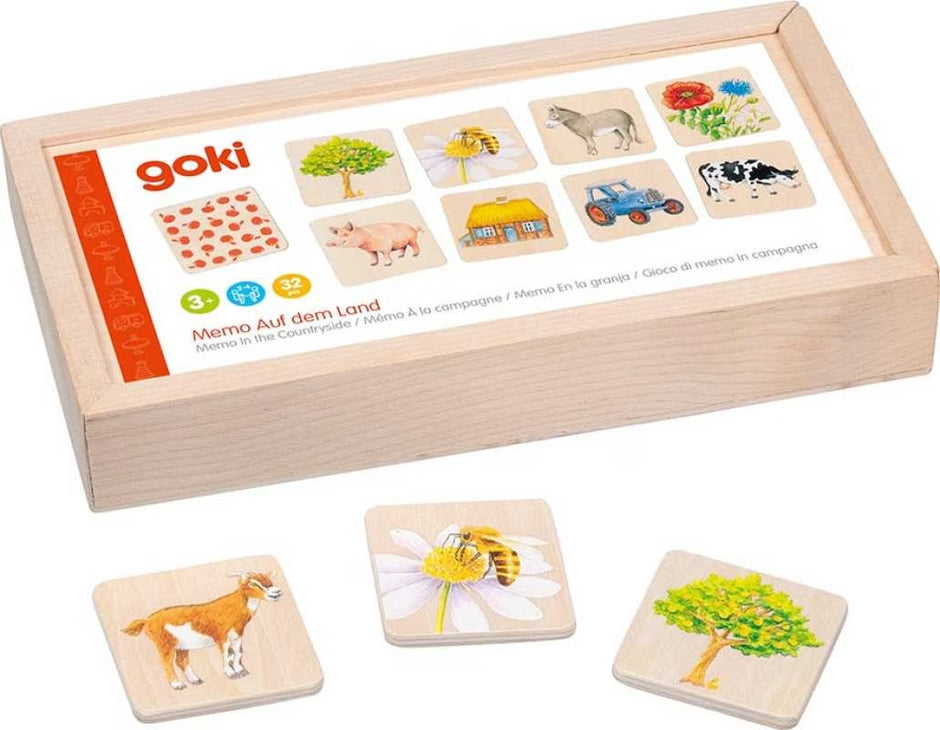 Holz Memo Spiel „Auf dem Land“ von goki mit Memory Karten in Holzbox – Lernspielzeug für Kinder ab 3 Jahren