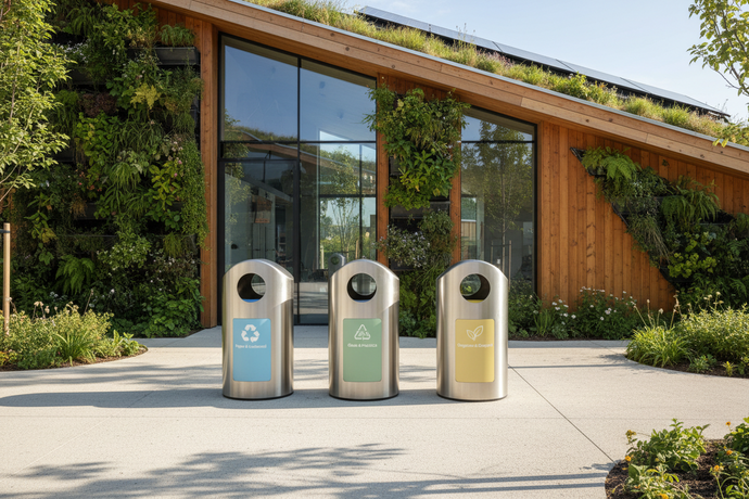 Recyclingtonnen für Papier, Glas und Bioabfall vor umweltfreundlichem Gebäude mit Begrünung und Holzfassade