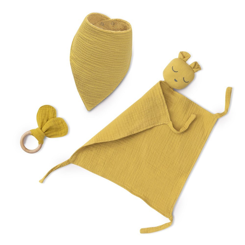 Baby Geschenkset 3-teilig in Gelb – Schnuffeltuch, Lätzchen und Beißring aus Musselin