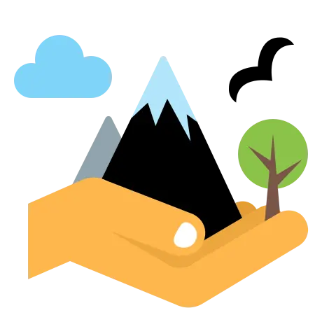 Symbol für Nachhaltigkeit und Natur mit Hand, Baum und Berg – umweltbewusstes BabyLions® Konzept