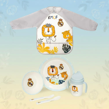 Real Madrid Baby Geschirrset blau mit Ärmellätzchen, Teller, Schüssel, Besteck und Trinklernbecher – BabyLions®
