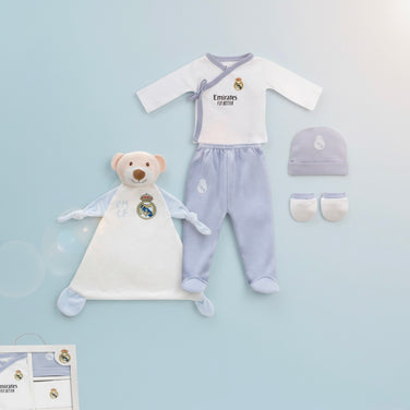 Real Madrid Baby Geschenk-Set 5-teilig in Blau mit Schmusetuch, Shirt, Hose, Mütze und Handschuhen – offizielle Vereinslizenz