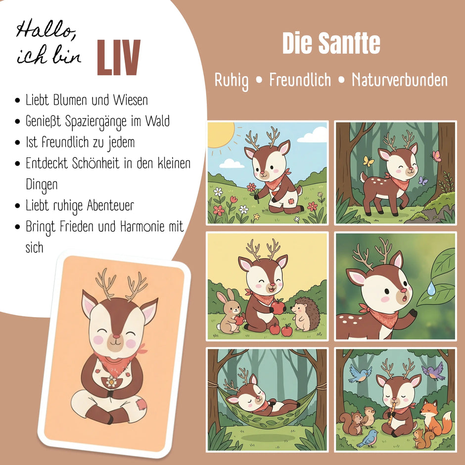 Charakterkarte der BEARFOOT TINY Thermo Kinder Trinkflasche Reh – Liv, das freundliche Reh mit handgezeichneten Naturmotiven und liebevoller Charakterbeschreibung