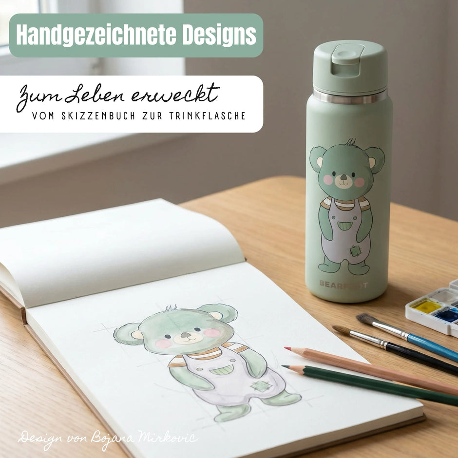 TINY Thermo Kinder Trinkflasche Koala 200 ml aus Edelstahl mit handgezeichnetem Koala-Design – Illustration vom Skizzenbuch zur Kinder Isolierflasche für Kindergarten und unterwegs
