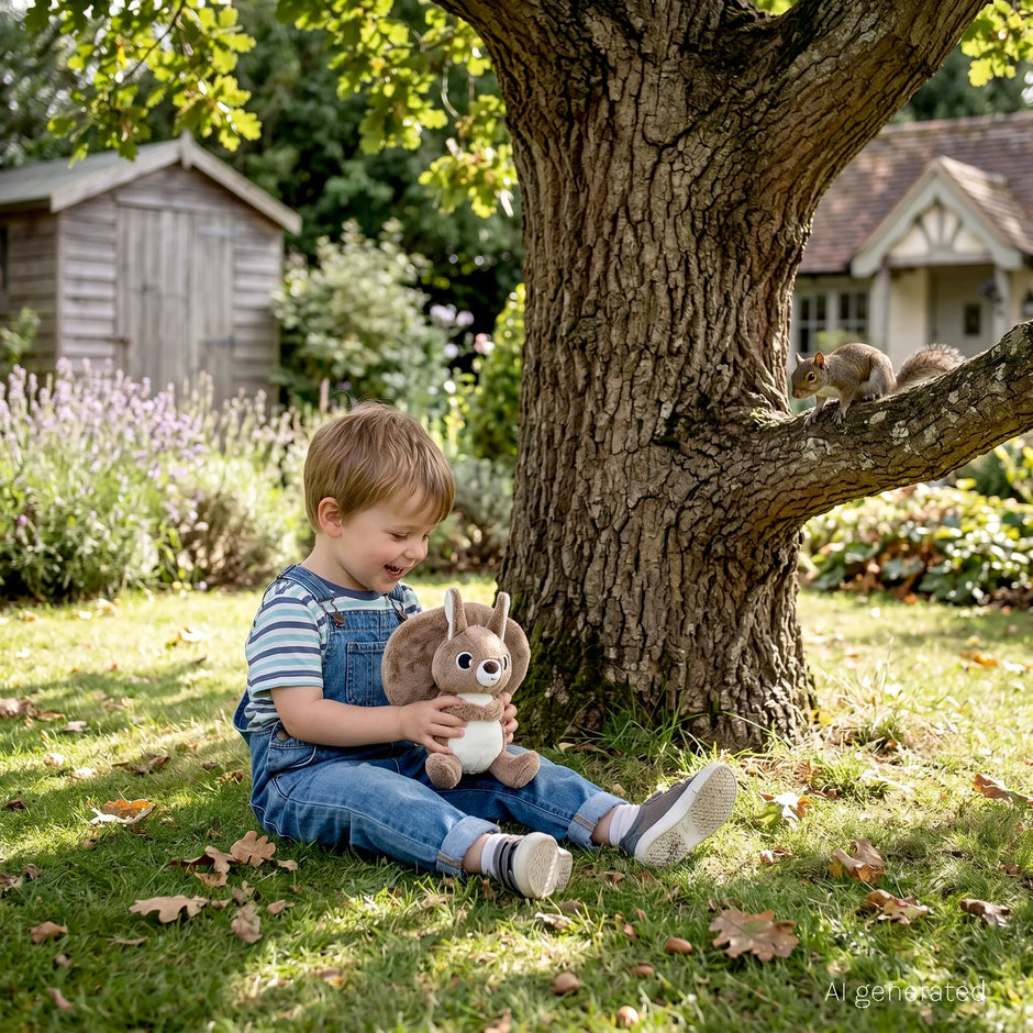 Kleinkind sitzt unter einem Baum und spielt mit einer Activity Rassel Eichhörnchen aus Stoff für Babys und Kleinkinder