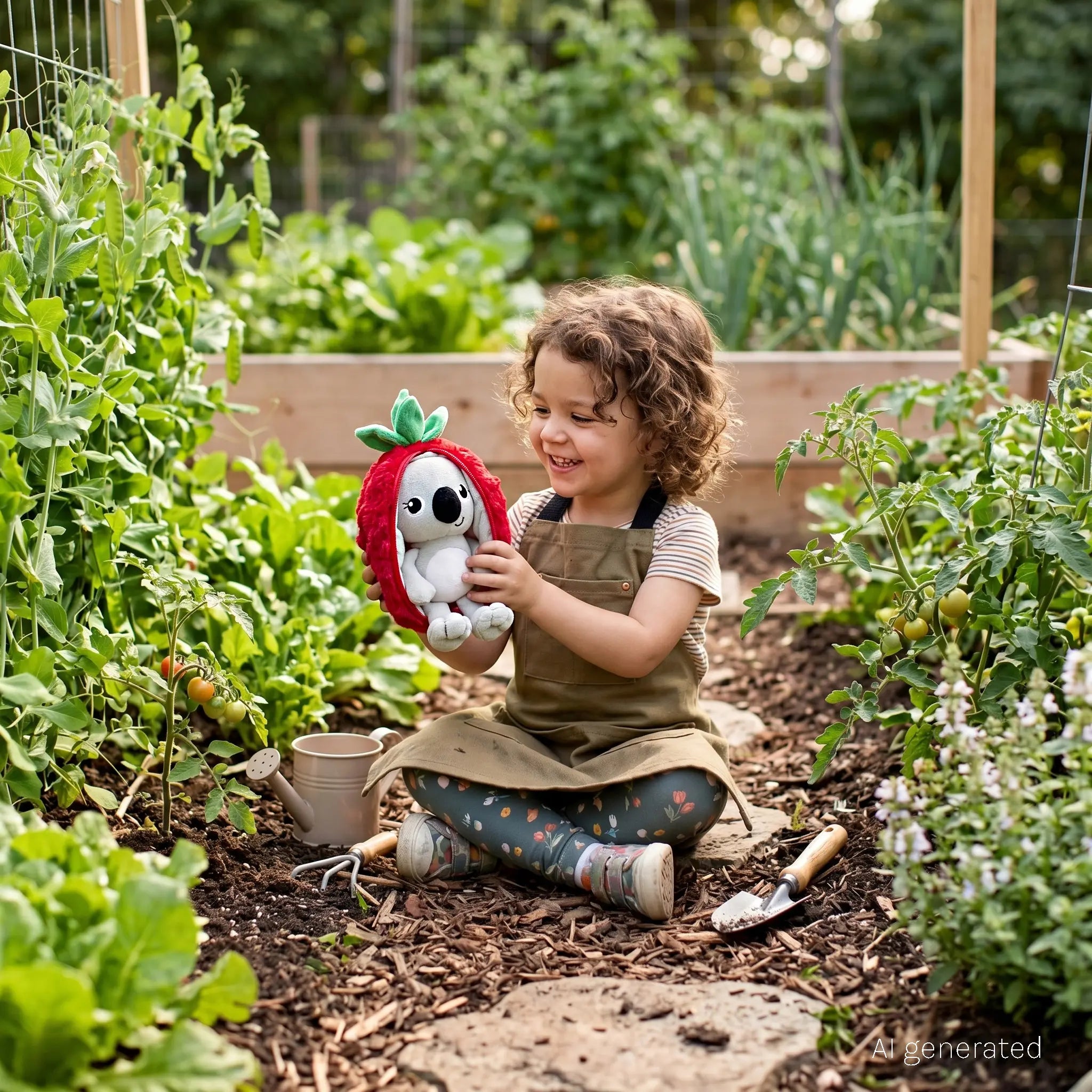 Kleinkind sitzt im Gartenbeet und spielt mit einer Activity Rassel Koala aus Stoff für Babys und Kleinkinder