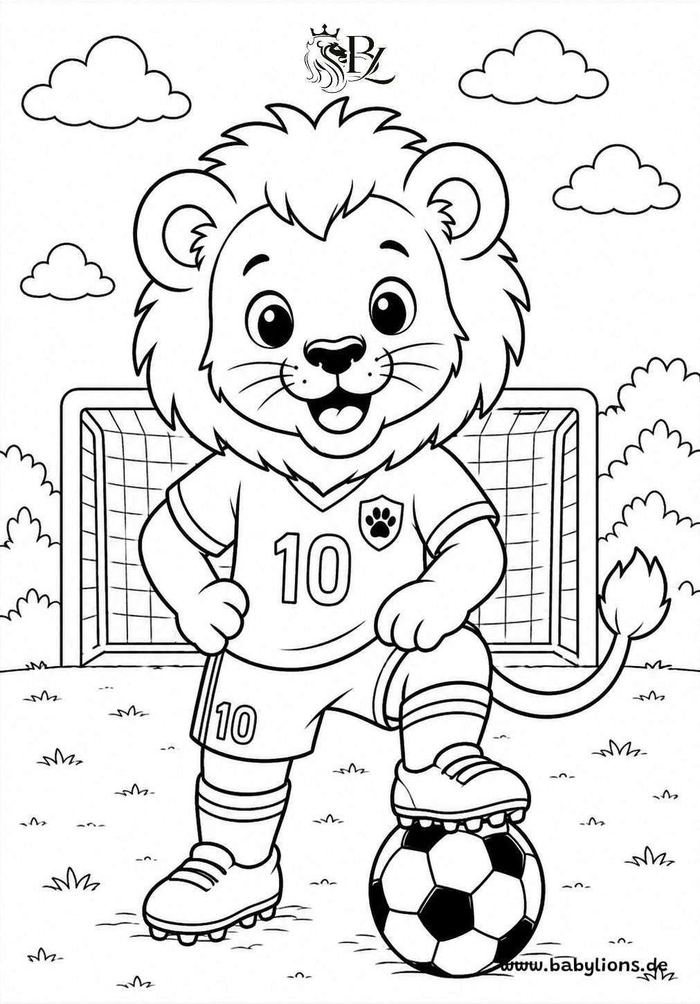 Kostenlose Malvorlage mit einem niedlichen Löwen im Fußballtrikot und Fußball vor einem Tor für Kinder