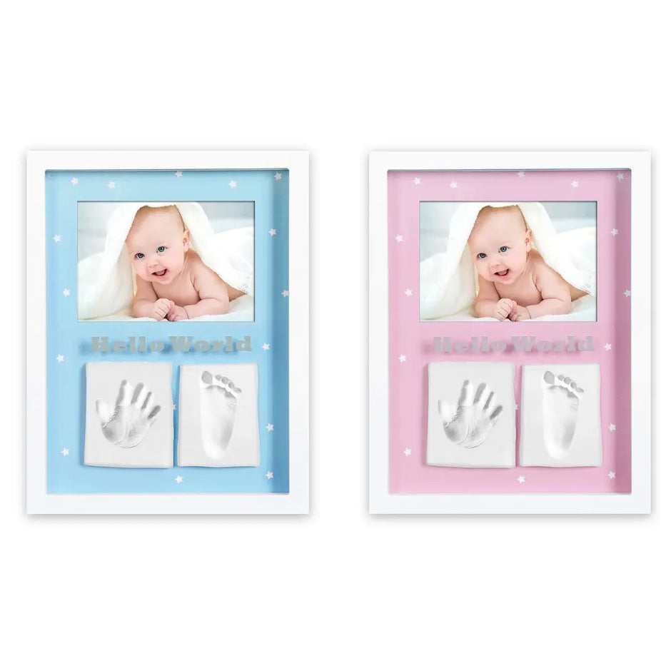 Baby Bilderrahmen mit Abdruckset für Hand- und Fußabdruck in Blau oder Rosa inklusive Bilderrahmen für Neugeborene