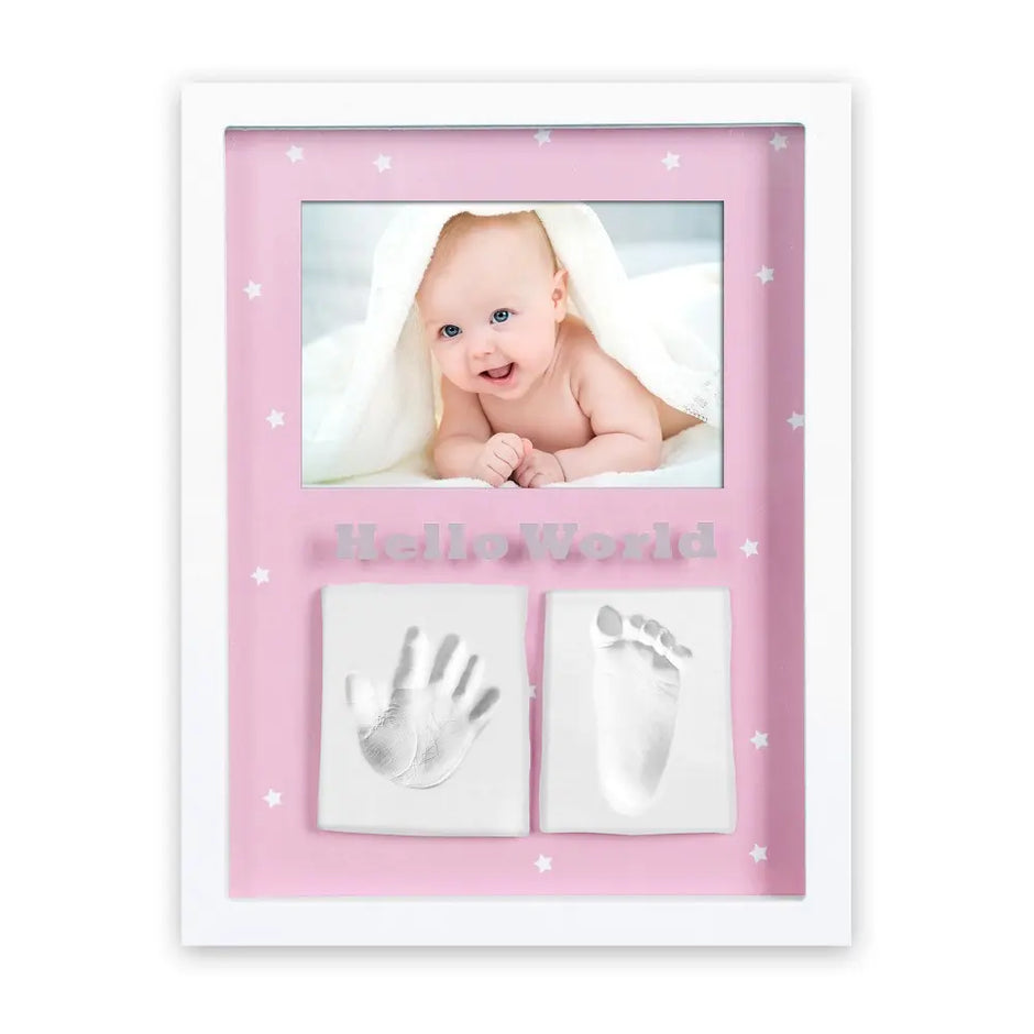 Baby Bilderrahmen mit Hand- und Fußabdruckset in Rosa inklusive Bilderrahmen für Babyfoto und Gipsabdrücke – ideales Geschenk zur Geburt.