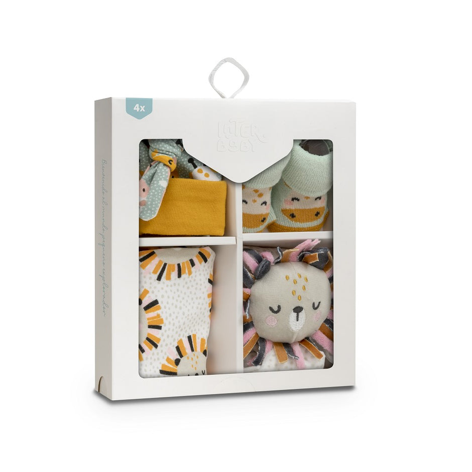 Neugeborenen Geschenkset 4-teilig mit Babystrampler, Mütze und Schmusetuch in hochwertiger Geschenkbox
