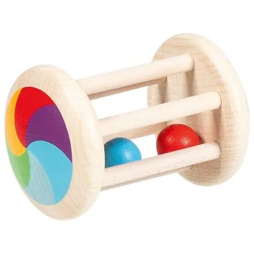 Baby Greifling aus Holz mit bunten Kugeln als Motorikspielzeug und Rassel für Babys
