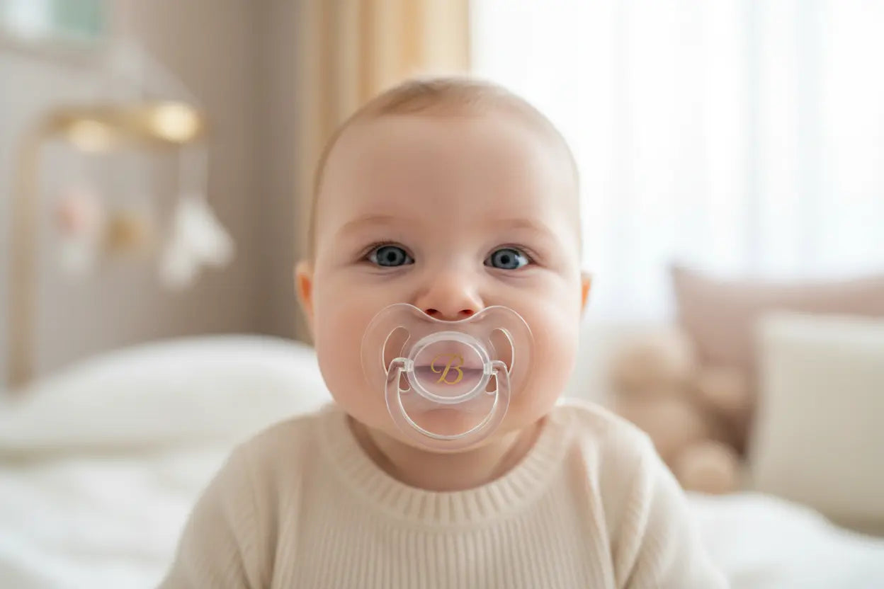 Baby mit transparentem Schnuller im Kinderzimmer – beruhigendes Baby mit Silikonschnuller in Nahaufnahme.