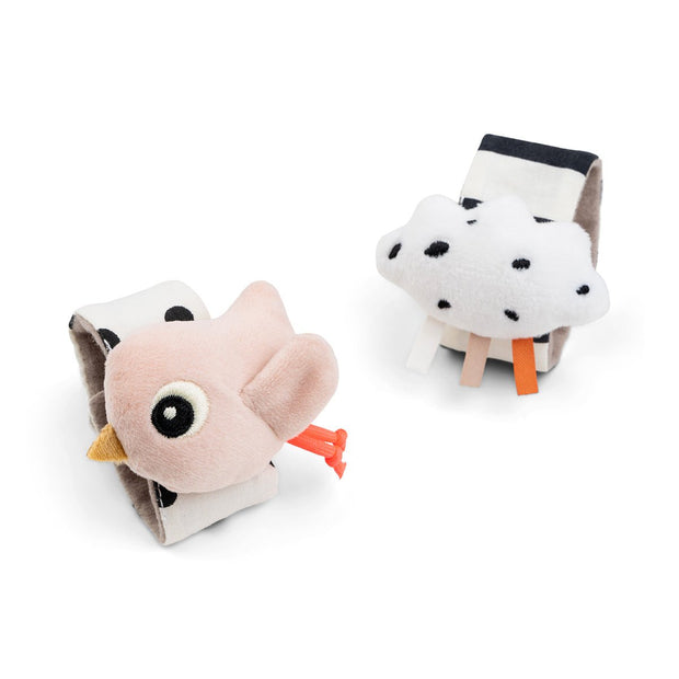 Rosa Baby Rasselarmband mit Vogel- und Wolkenmotiv