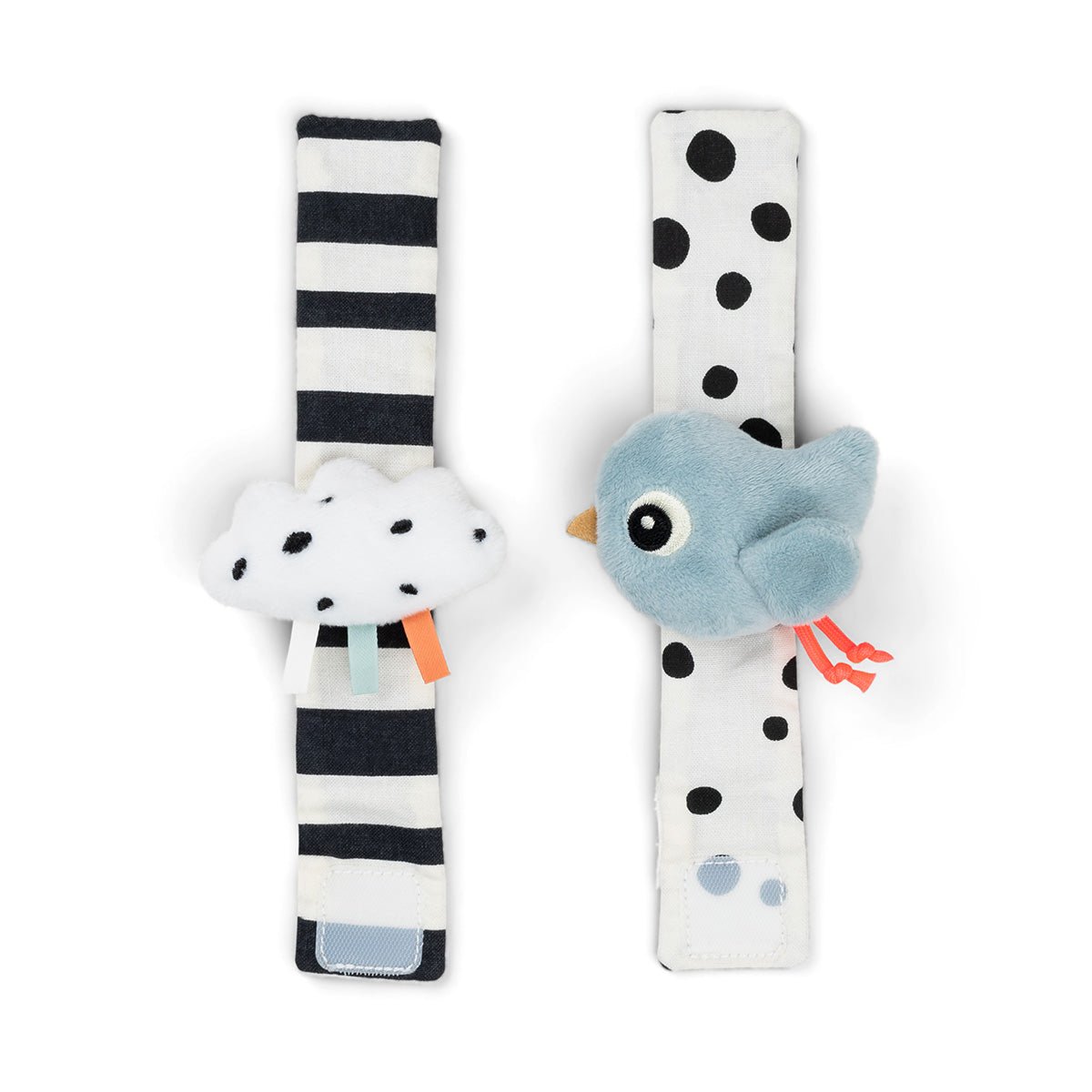 Baby Rasselarmband mit Vogel- und Wolkenmotiv in Rosa und Blau