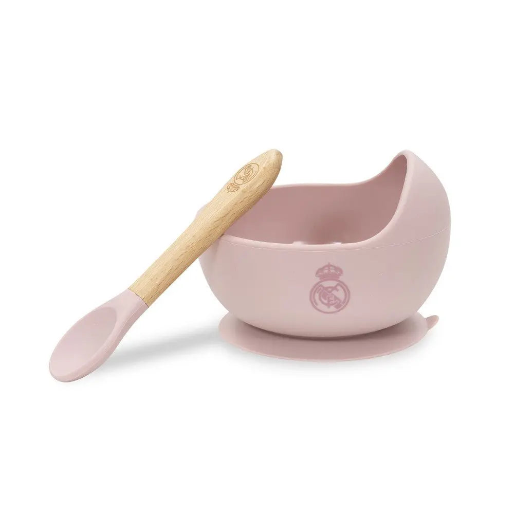 Baby Schüssel mit Saugnapf und Löffel Real Madrid rosa Silikon mit Holzgriff rutschfest BPA frei für Babys und Kleinkinder