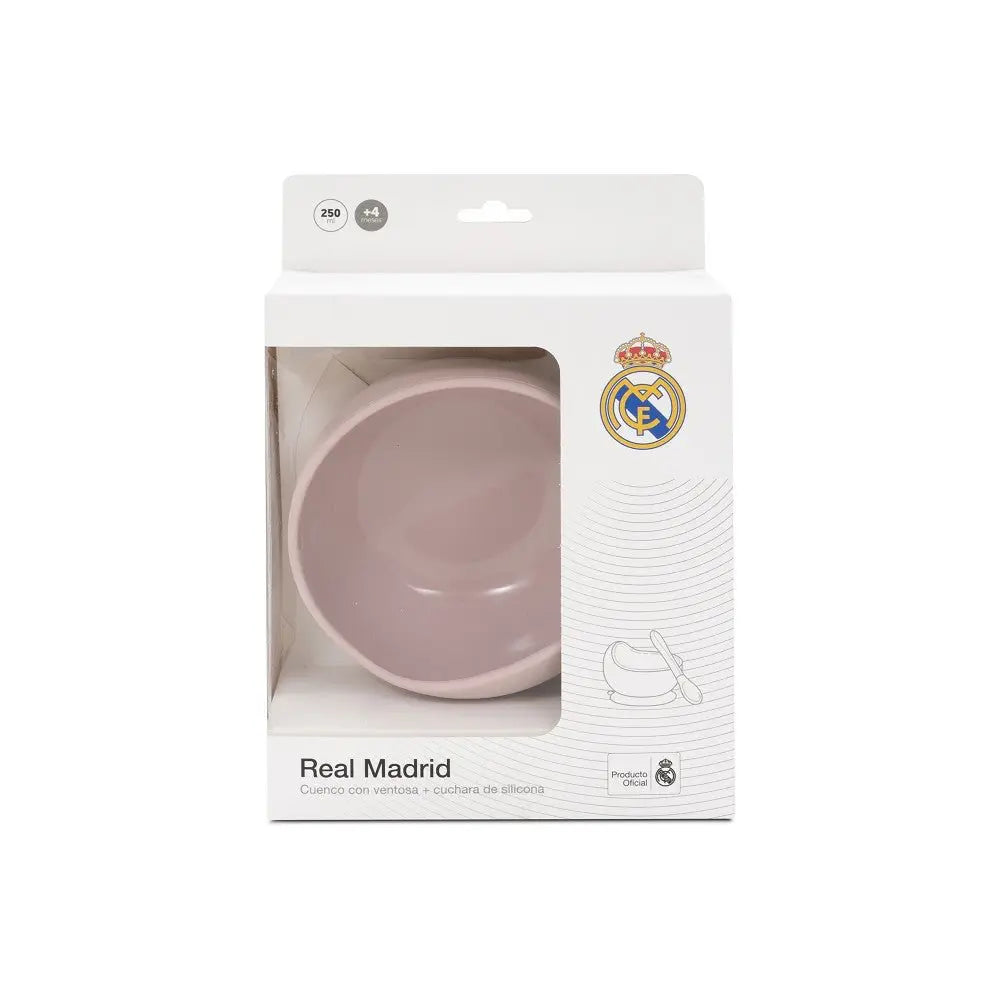 Baby Schüssel mit Saugnapf und Löffel Real Madrid rosa Silikon Verpackung Original Set BPA frei rutschfest