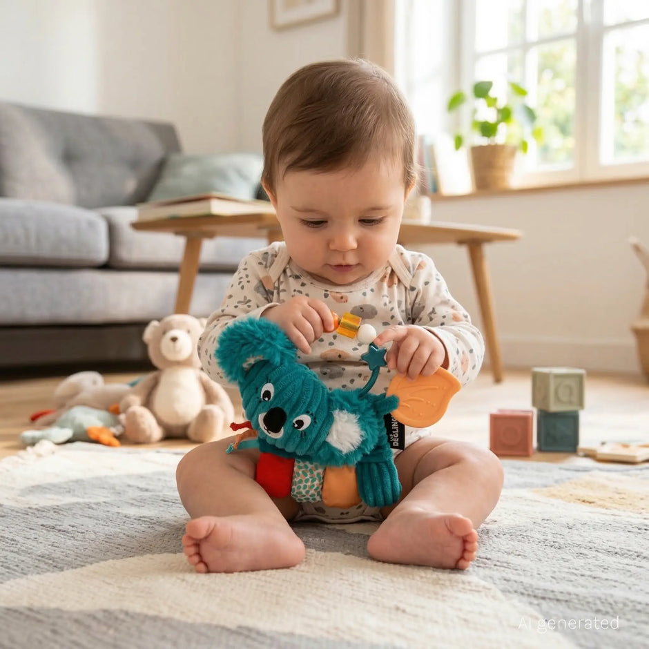 Baby sitzt auf dem Teppich und spielt mit einer Koala Activity Rassel mit Beißring und Motorikelementen