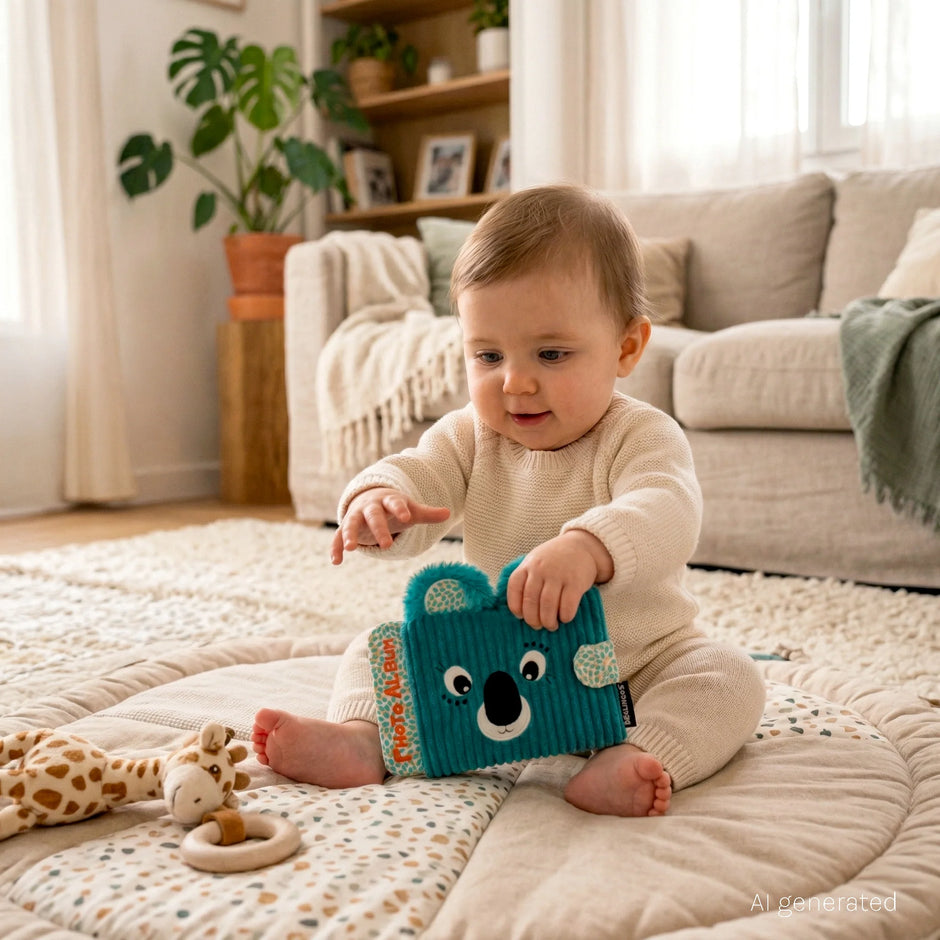 Baby sitzt auf einer Spieldecke und spielt mit einem türkisfarbenen Koala Fotoalbum für Erinnerungsfotos