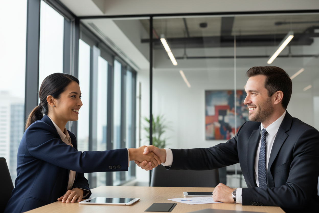 Geschäftspartner geben sich die Hand bei einer B2B-Kooperation für Babygeschenke und Kita-Ausstattung von BabyLions®