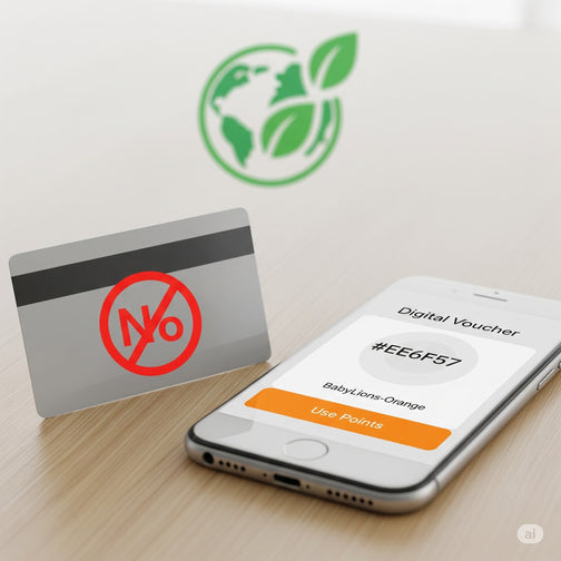 Digitaler BabyLions® Gutschein auf Smartphone mit nachhaltigem Einkaufssymbol
