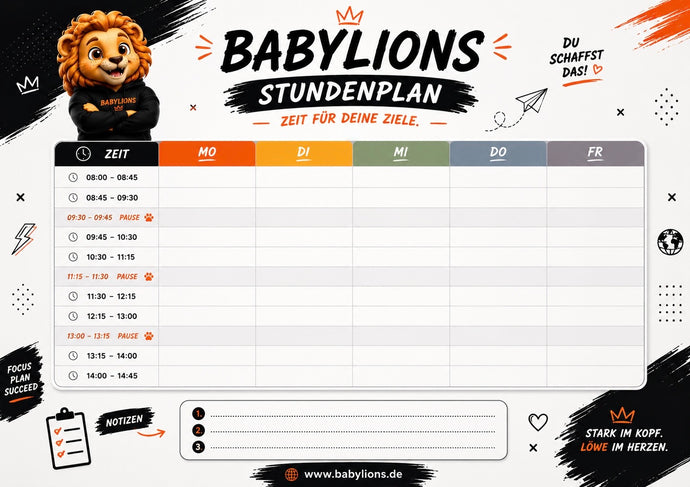 Moderner BabyLions® Stundenplan für Schule und weiterführende Klassen mit Wochenübersicht, Uhrzeiten und Notizfeld