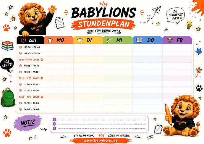 Bunter BabyLions® Stundenplan für Kinder mit Löwenmotiv, Wochentagen, Uhrzeiten und Notizfeld zum Ausdrucken
