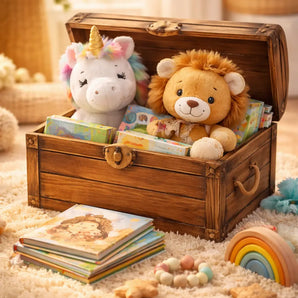 Baby Geschenkset mit Einhorn- und Löwen-Kuscheltier, Bilderbüchern und Spielzeug in geöffneter Schatzkiste