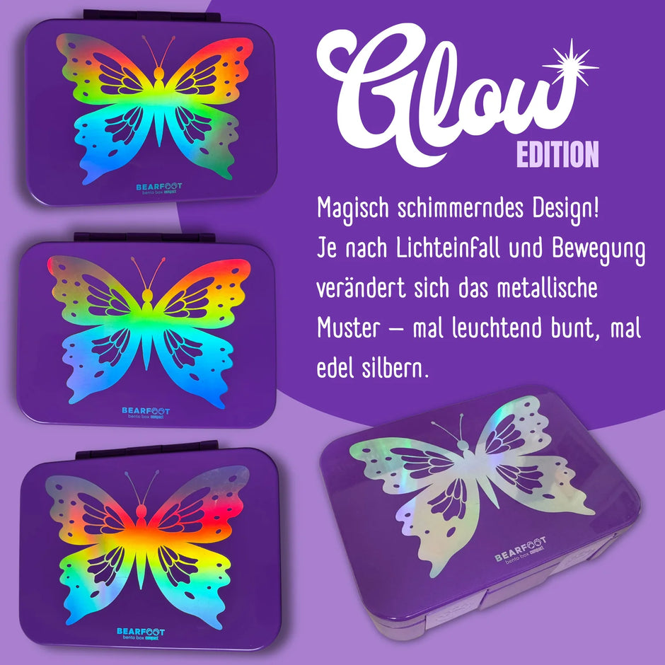 Bearfoot Kinder Brotdose Glow Edition Schmetterling – schimmerndes Farbdesign, verändert sich im Licht, ideal für Kita und unterwegs