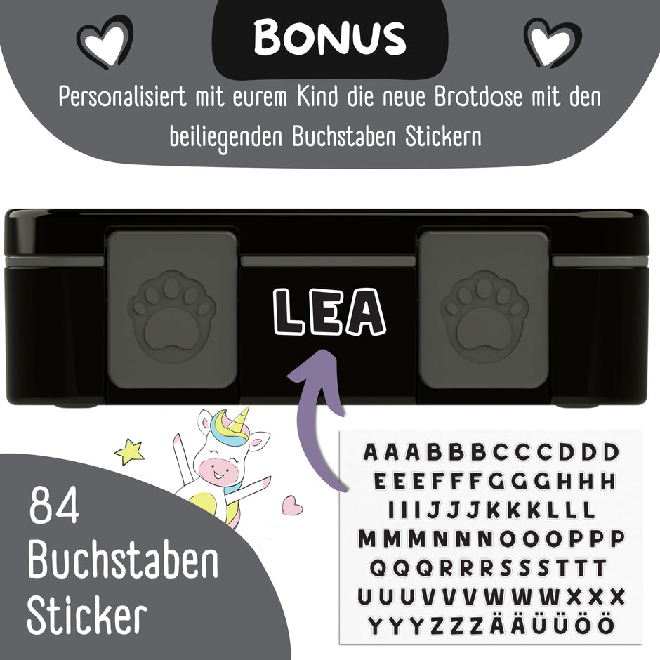 Bearfoot Kinder Brotdose schwarz personalisierbar – Lunchbox mit Buchstaben-Stickern, auslaufsicher und ideal für Kindergarten und Schule