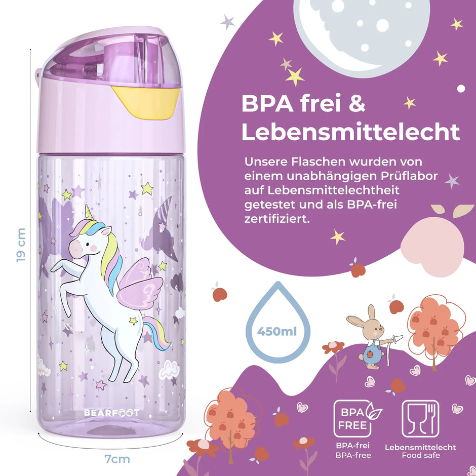 Bearfoot Kinder Trinkflasche Einhorn BPA-frei und lebensmittelecht – 450 ml Flasche für Kindergarten und Schule