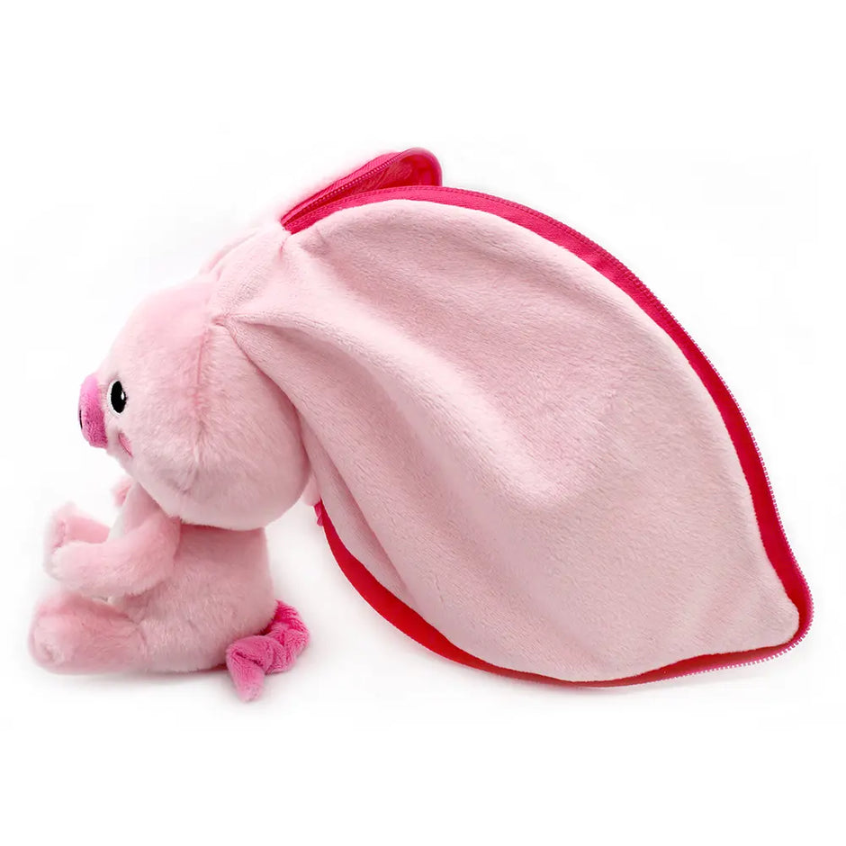 Rosa Ferkel Kuscheltier mit geöffnetem Rettich aus weichem 2-in-1 Plüsch