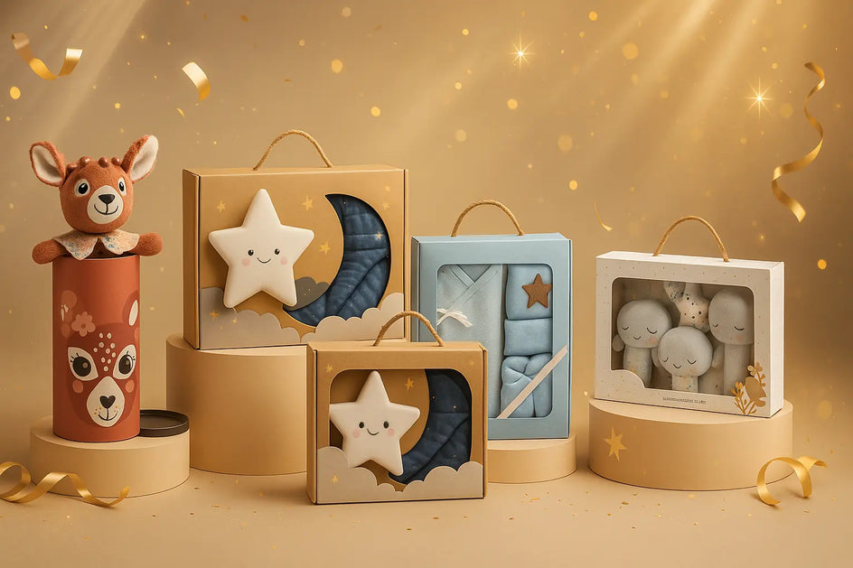 Baby-Geschenksets Banner: Sternenlicht+Decke, Pflegeset 7-tlg., Textil-Set 5-tlg., Rasselarmbänder, Kuscheltier-Spardose