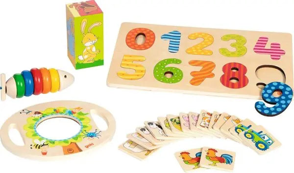 Goki Geschenkset Holzspielzeug mit Zahlenpuzzle, Motorikspielzeug und Lernkarten für Kinder ab 2 Jahren