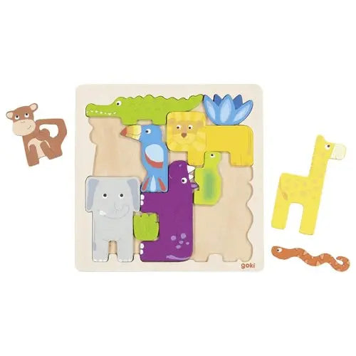 Holzpuzzle Safari Tiere Kinder von Goki mit Giraffe, Elefant, Krokodil und weiteren Figuren, Motorikspielzeug zur Förderung von Feinmotorik und Formenlernen ab 1 Jahr